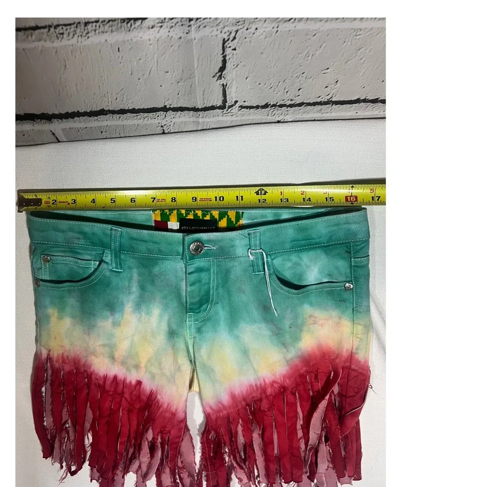 100% Homemade Tie Dye Fringe Denim Shorts Rasta Green Yellow Red Womens 32